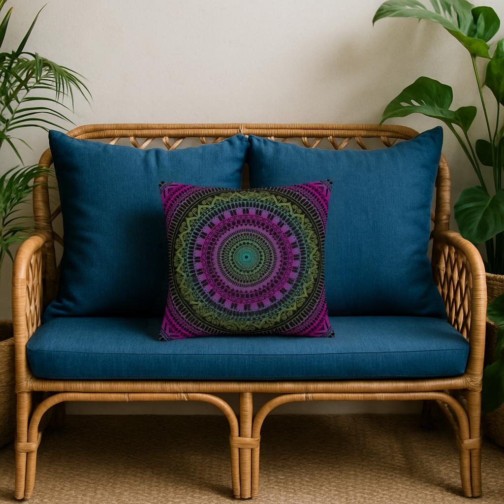 Soothing Delight: roze en groene mandala kussenhoes met Mehndi-versieringen