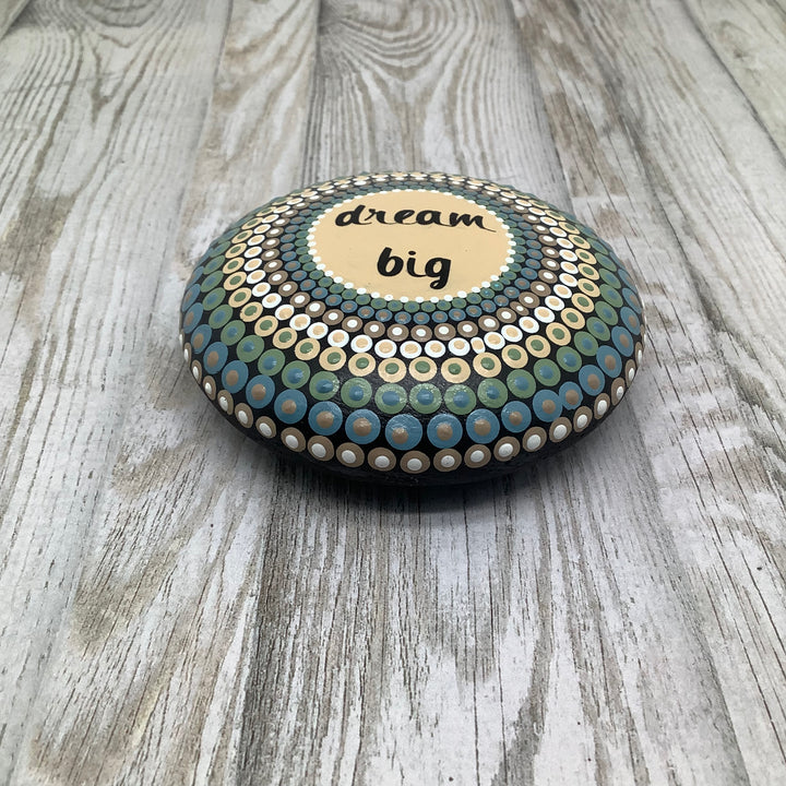 Hand Painted Mandala Stone with “Dream Big” Text – Soft Colors Gratitude or Meditation Stone