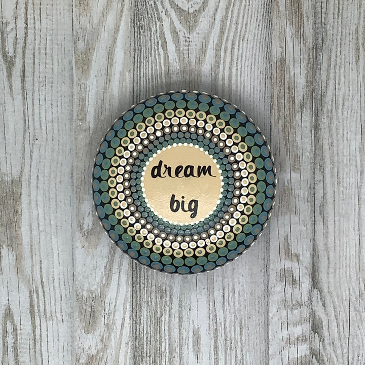 Hand Painted Mandala Stone with “Dream Big” Text – Soft Colors Gratitude or Meditation Stone