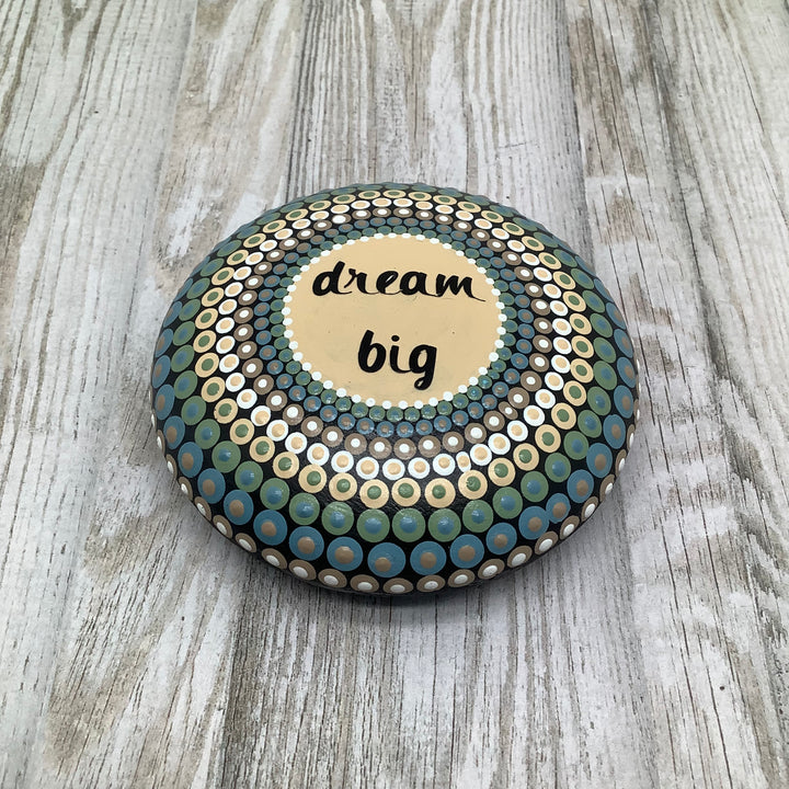 Hand Painted Mandala Stone with “Dream Big” Text – Soft Colors Gratitude or Meditation Stone