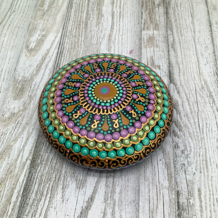 Mandala Steen Dot Art Roze, Mintgroen en Goud