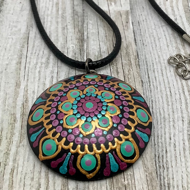 Mandala ketting turkoois, paars en goud