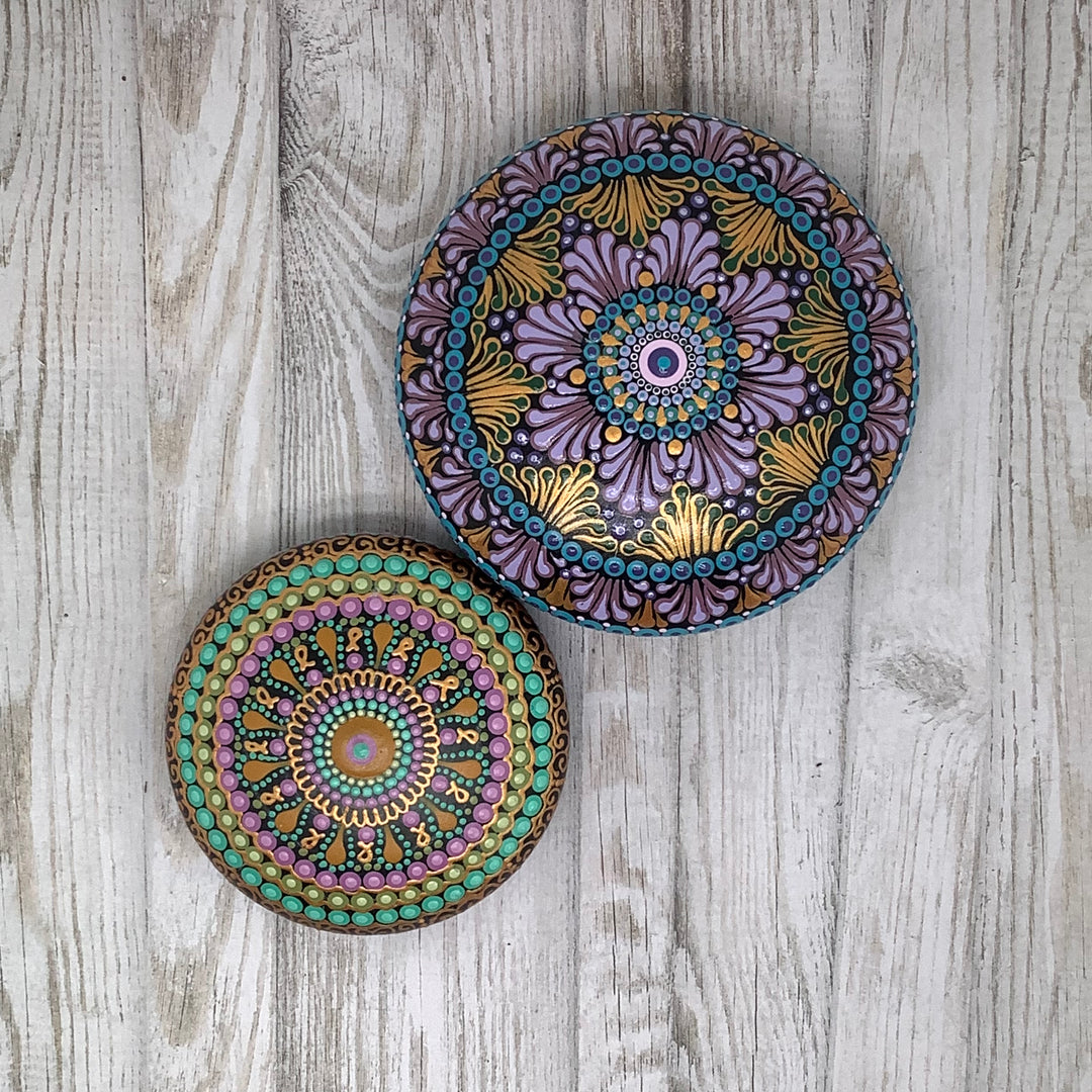 Mandala Steen Dot Art Roze, Mintgroen en Goud