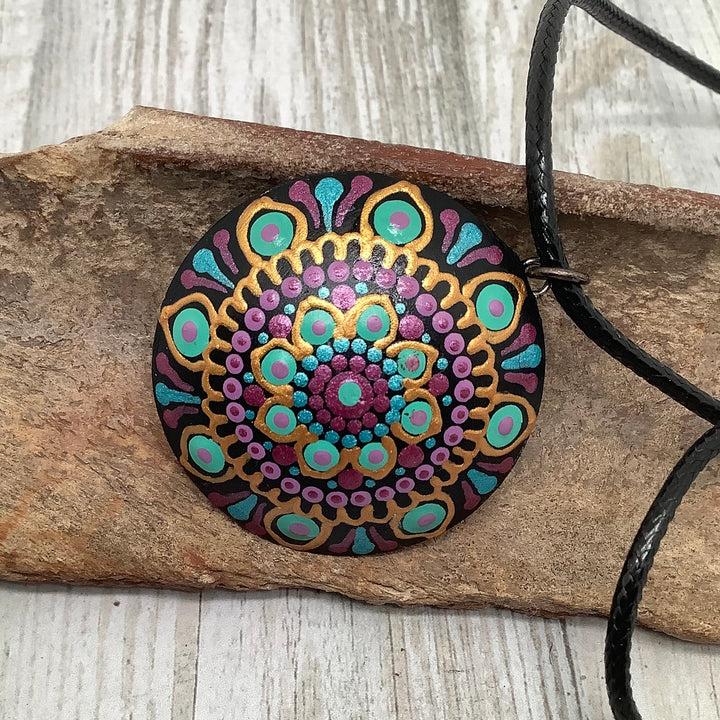 Mandala ketting turkoois, paars en goud