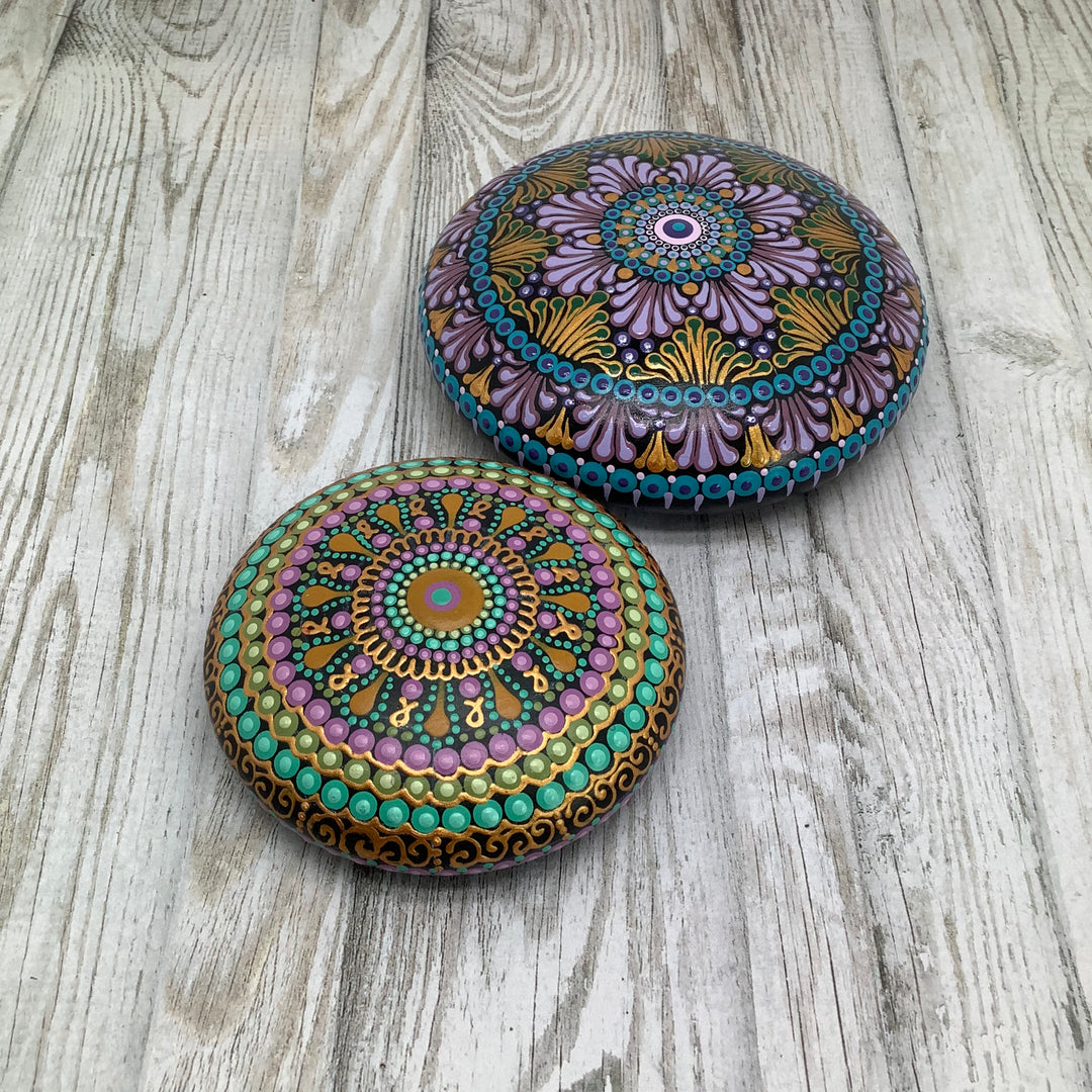 Mandala Steen Dot Art Roze, Mintgroen en Goud