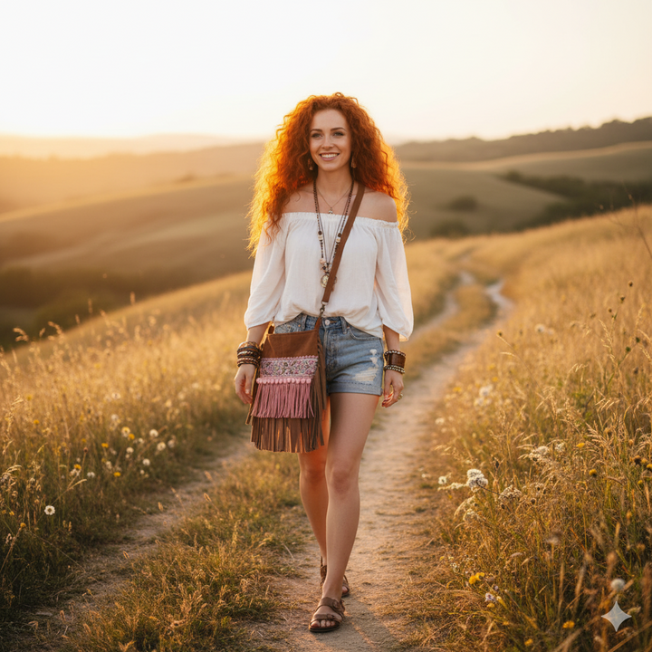 Small Boho Phone Bag with Pink Fringe and Floral Ribbon – Handmade Barkcloth Crossbody