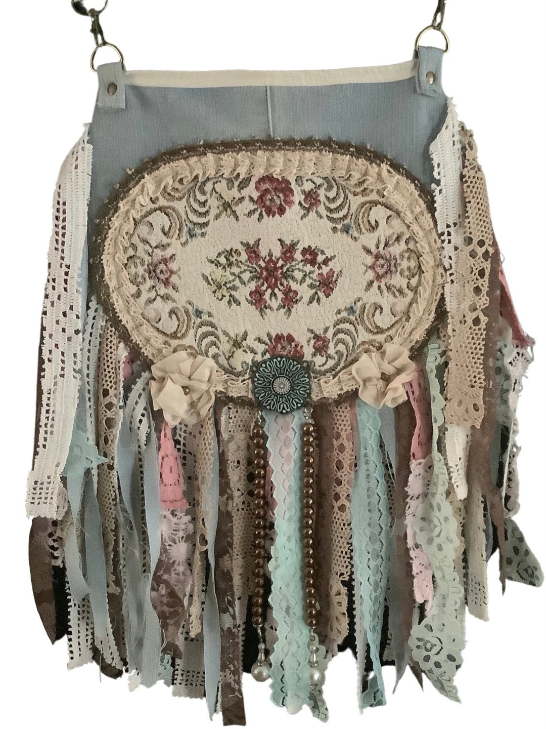 Romantic boho crossbody bag with gobelin flower appliqué, pastel lace fringe and silk flowers
