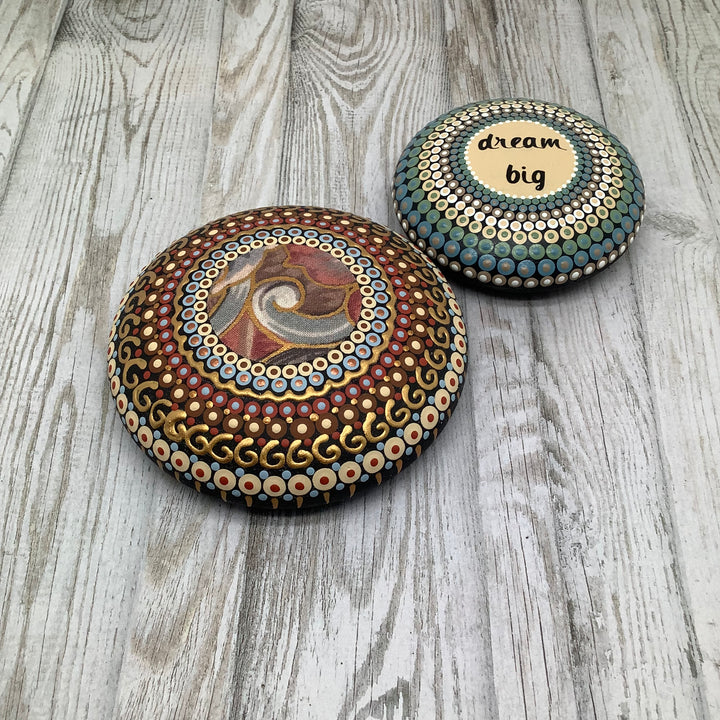 Hand Painted Mandala Stone with “Dream Big” Text – Soft Colors Gratitude or Meditation Stone