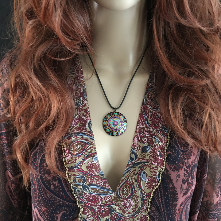 Mandala ketting turkoois, paars en goud