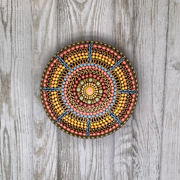 Hand Painted Mandala Stone in Soft Pastel Colors with Gold Accents – 10 cm Meditation or Gratitude Stone