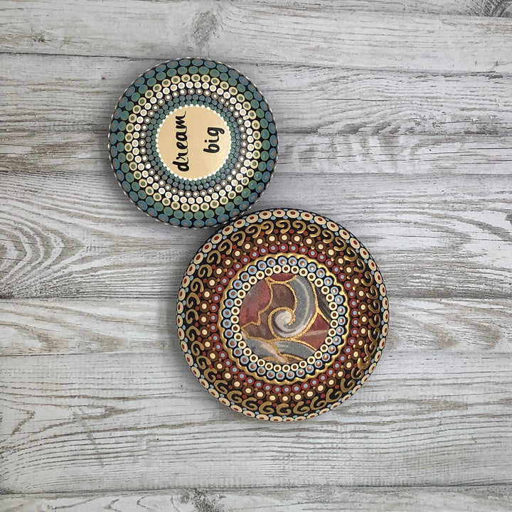 Hand Painted Mandala Stone with “Dream Big” Text – Soft Colors Gratitude or Meditation Stone