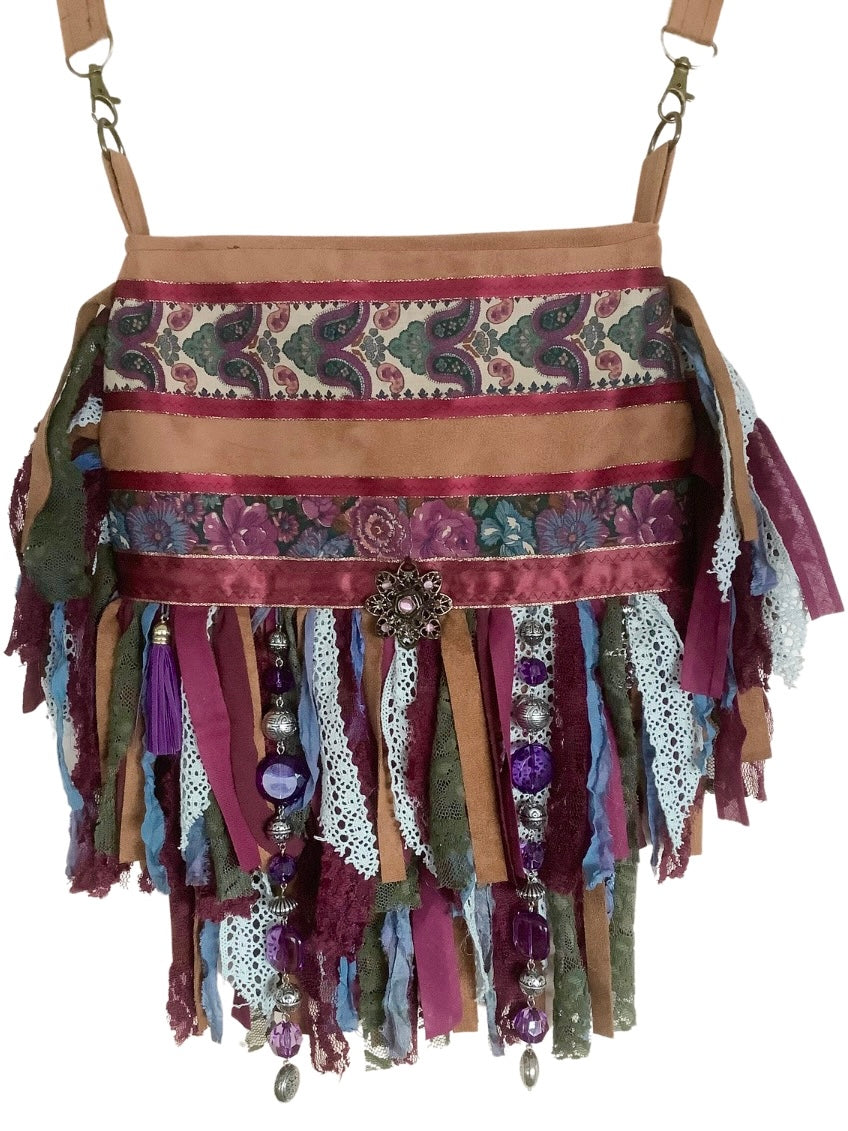 Boho crossbody bag in aubergine and green with lace and ribbon fringe, beaded embellishments and adjustable strap
