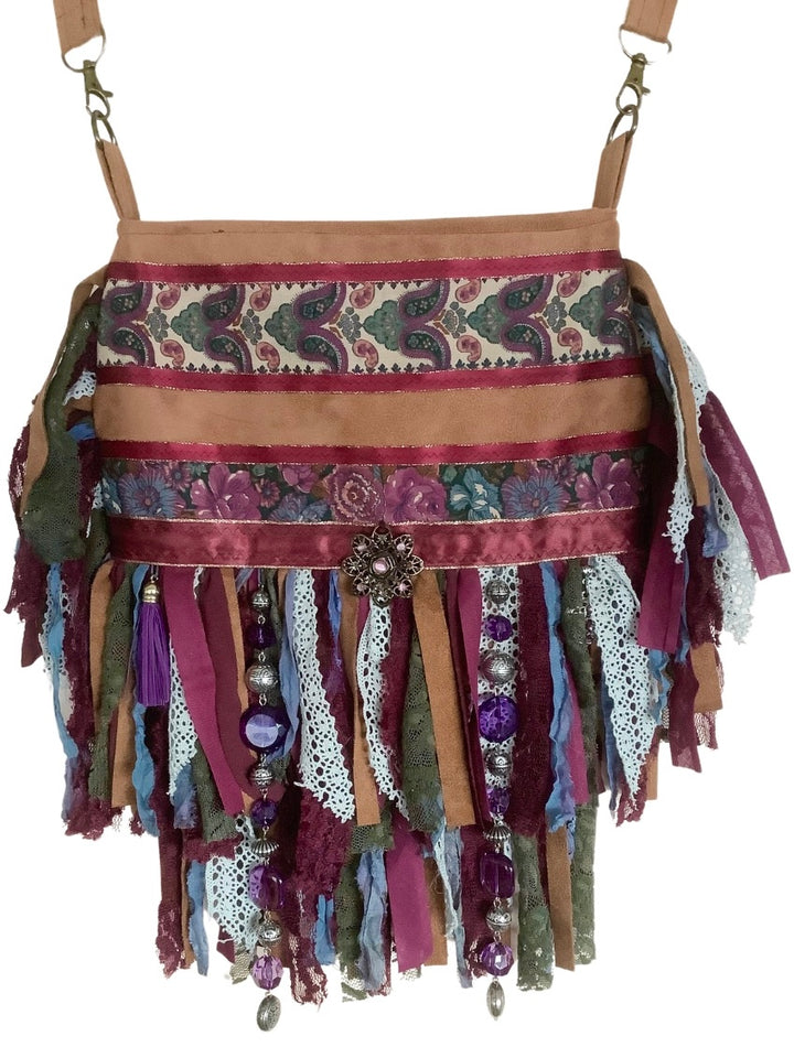 Boho crossbody bag in aubergine and green with lace and ribbon fringe, beaded embellishments and adjustable strap