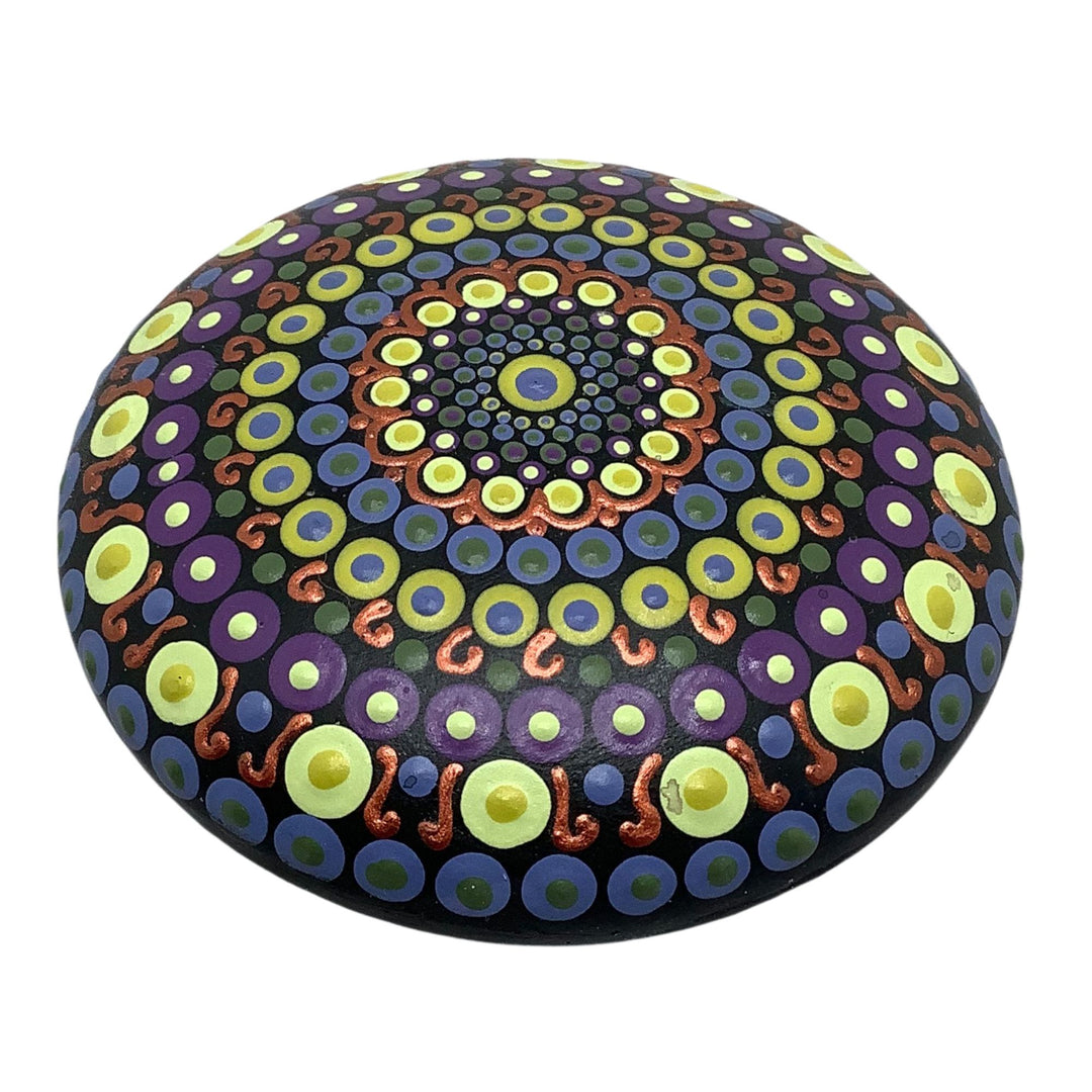Mandala stone hand painted in yellow, purple and copper tones with layered dot art and metallic details
