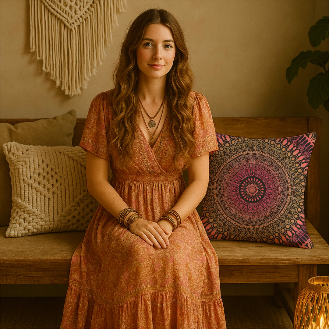 Bohemian Sunshine: Mehndi Mandala kussenhoes in zomerkleuren