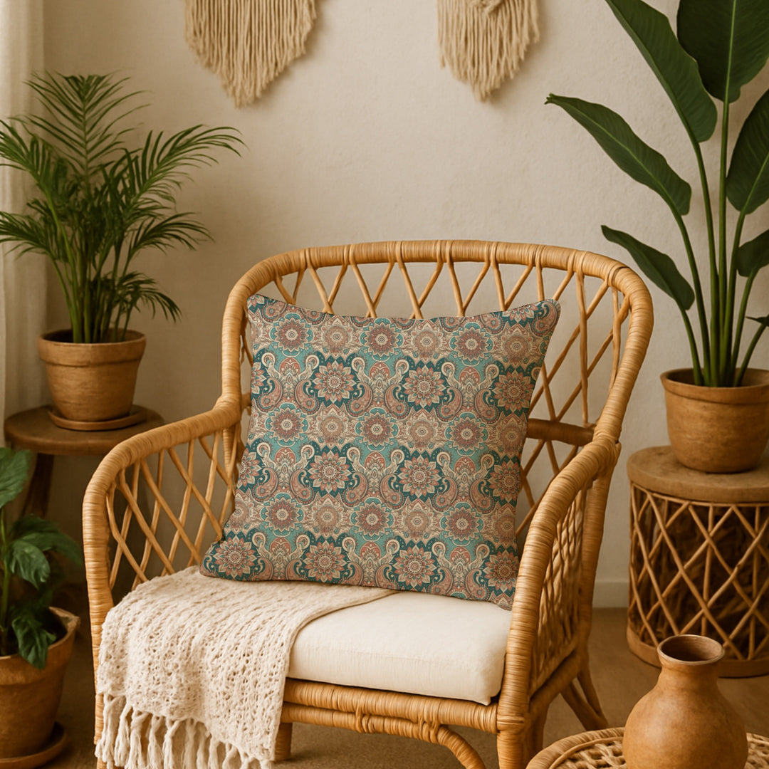 Paisley Mandala Pillow Cover in Teal and Terra – Boho Cushion with Warm Vintage Vibes