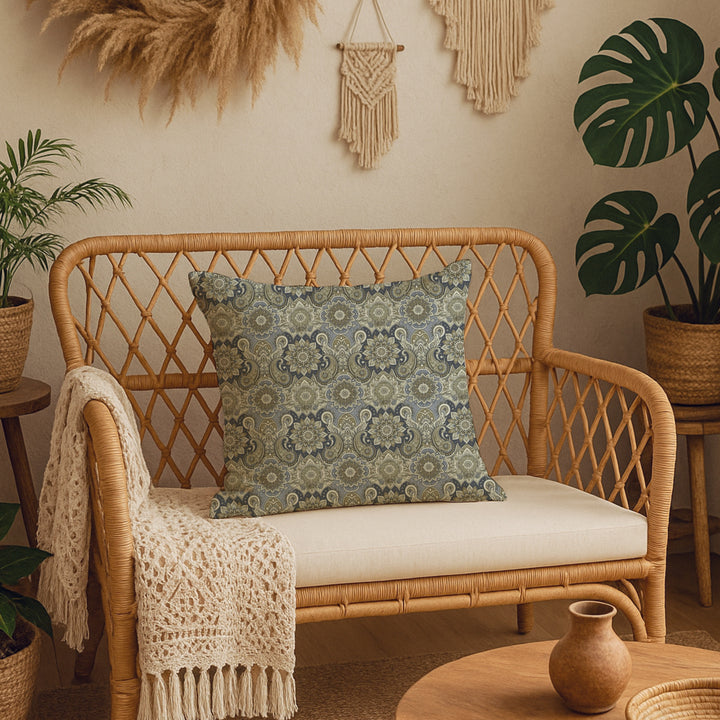 Paisley Mandala Pillow Cover in Soft Blue and Beige – Boho Luxe Cushion Case