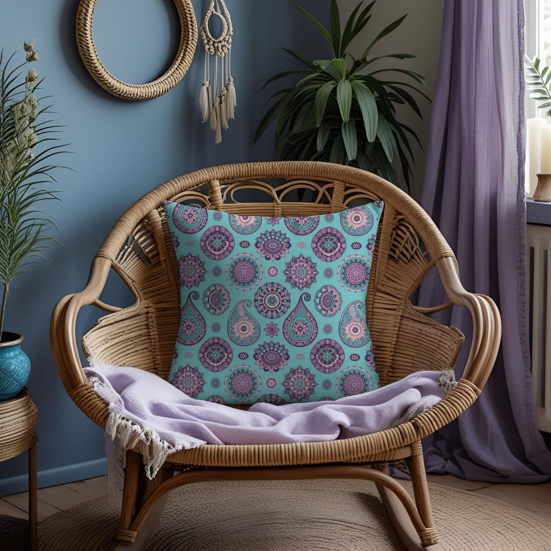 Boho Mandala Pillow Cover in Turquoise and Purple – Linen Feel Cushion Cover