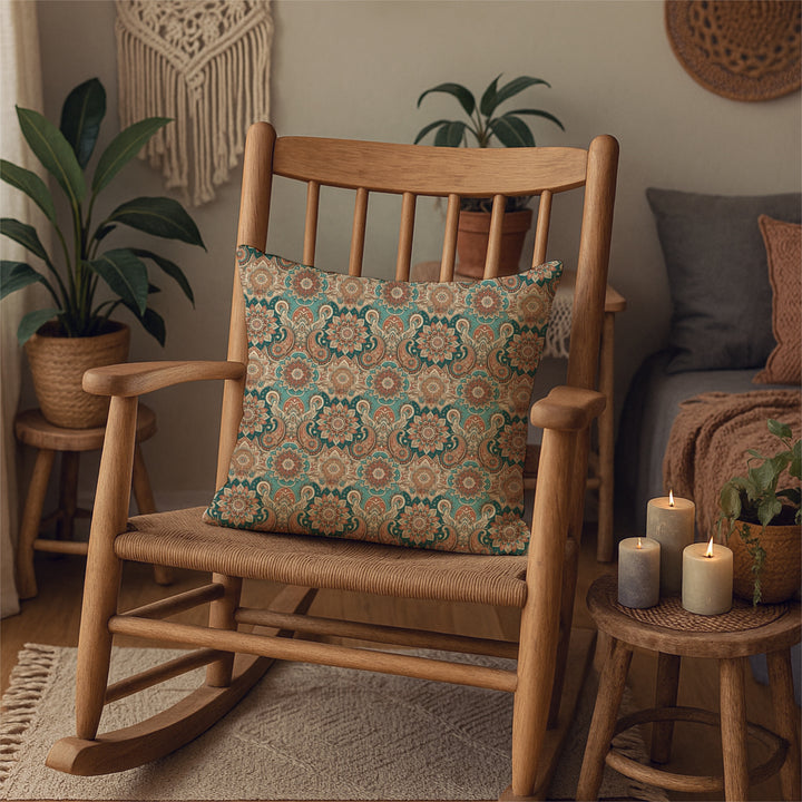 Paisley Mandala Pillow Cover in Teal and Terra – Boho Cushion with Warm Vintage Vibes