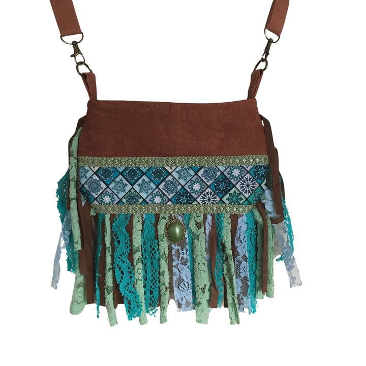 Boho Small Crossbody Phone Bag – Barkcloth & Mandala Print with Fringe in Sage and Blue