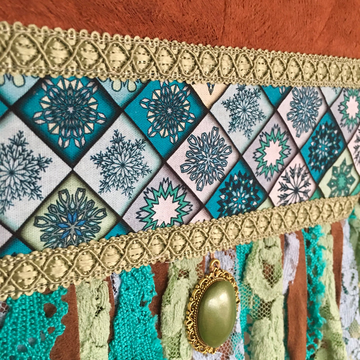 Boho Small Crossbody Phone Bag – Barkcloth & Mandala Print with Fringe in Sage and Blue