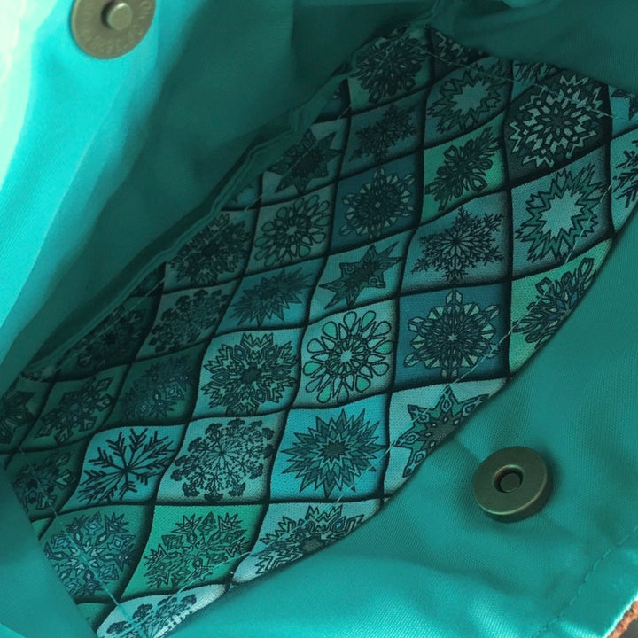 Boho Small Crossbody Phone Bag – Barkcloth & Mandala Print with Fringe in Sage and Blue