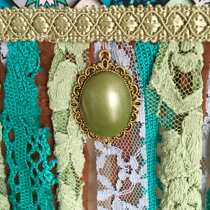 Boho Small Crossbody Phone Bag – Barkcloth & Mandala Print with Fringe in Sage and Blue