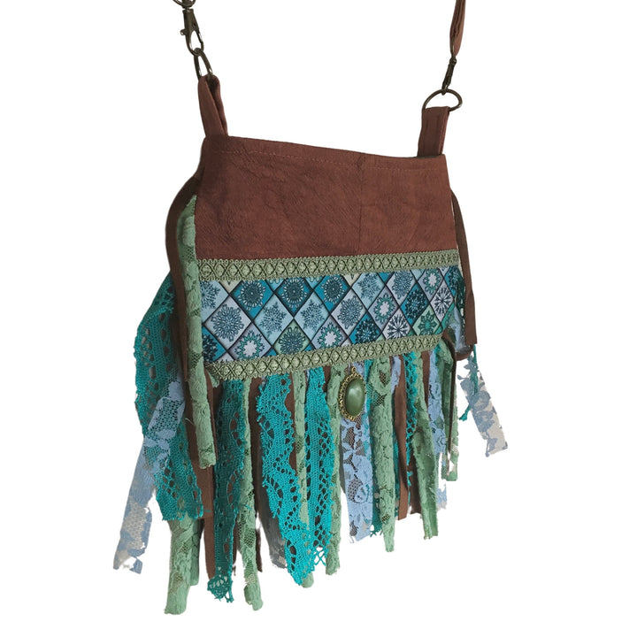 Boho Small Crossbody Phone Bag – Barkcloth & Mandala Print with Fringe in Sage and Blue