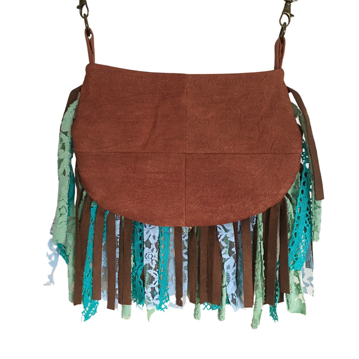 Boho Small Crossbody Phone Bag – Barkcloth & Mandala Print with Fringe in Sage and Blue