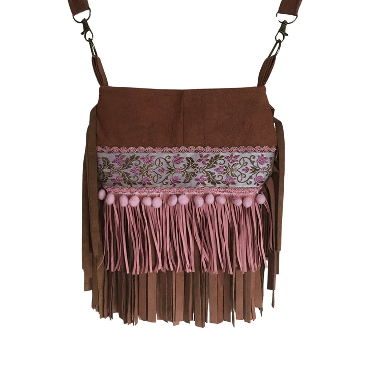 Small Boho Phone Bag with Pink Fringe and Floral Ribbon – Handmade Barkcloth Crossbody