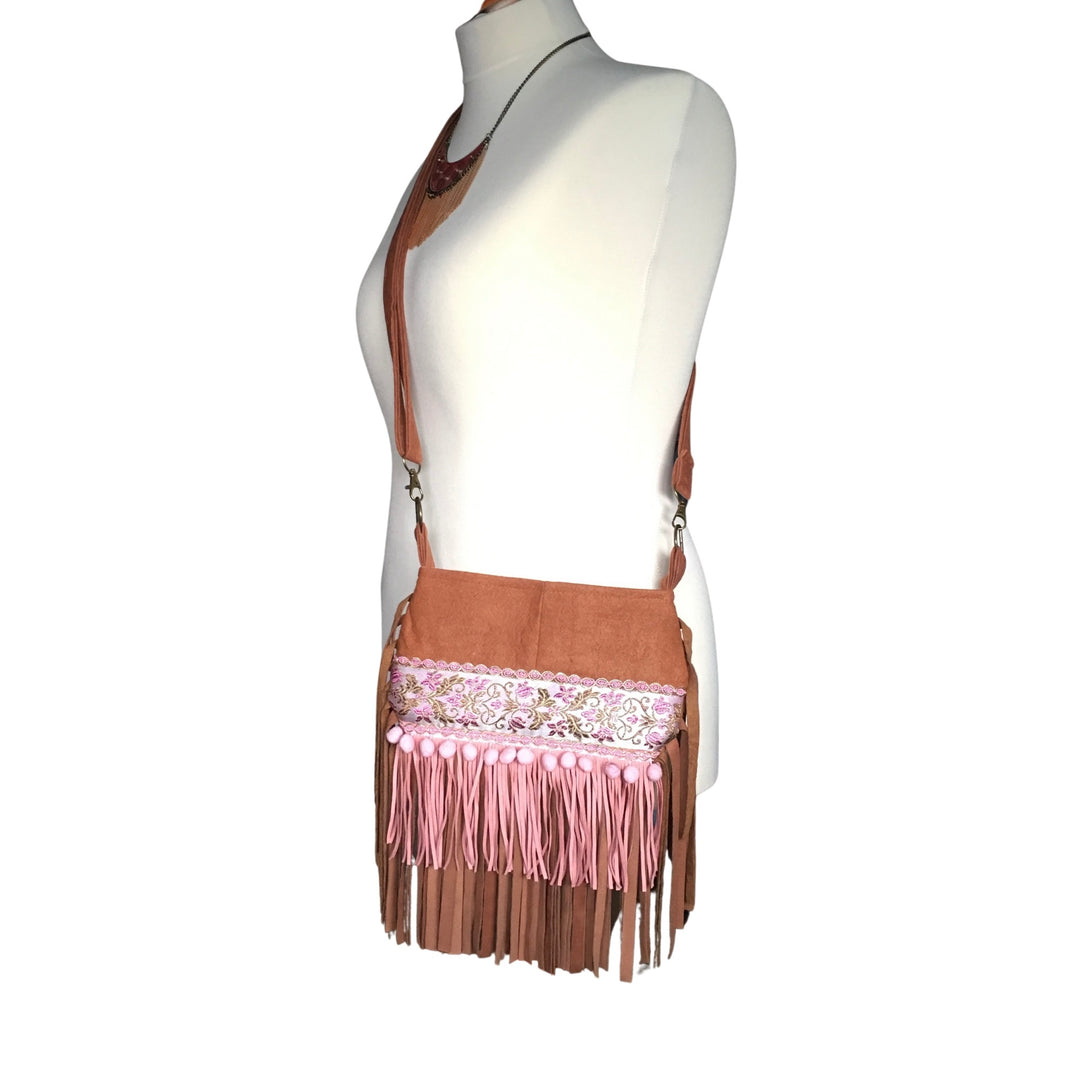 Small Boho Phone Bag with Pink Fringe and Floral Ribbon – Handmade Barkcloth Crossbody