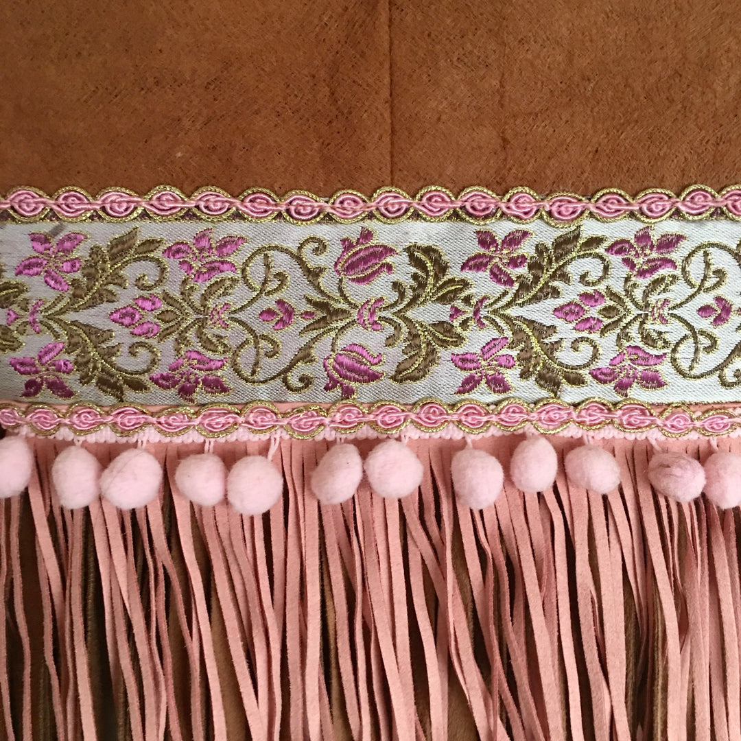 Small Boho Phone Bag with Pink Fringe and Floral Ribbon – Handmade Barkcloth Crossbody