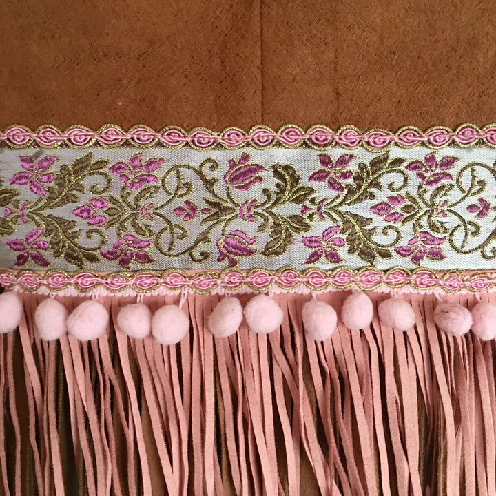 Small Boho Phone Bag with Pink Fringe and Floral Ribbon – Handmade Barkcloth Crossbody