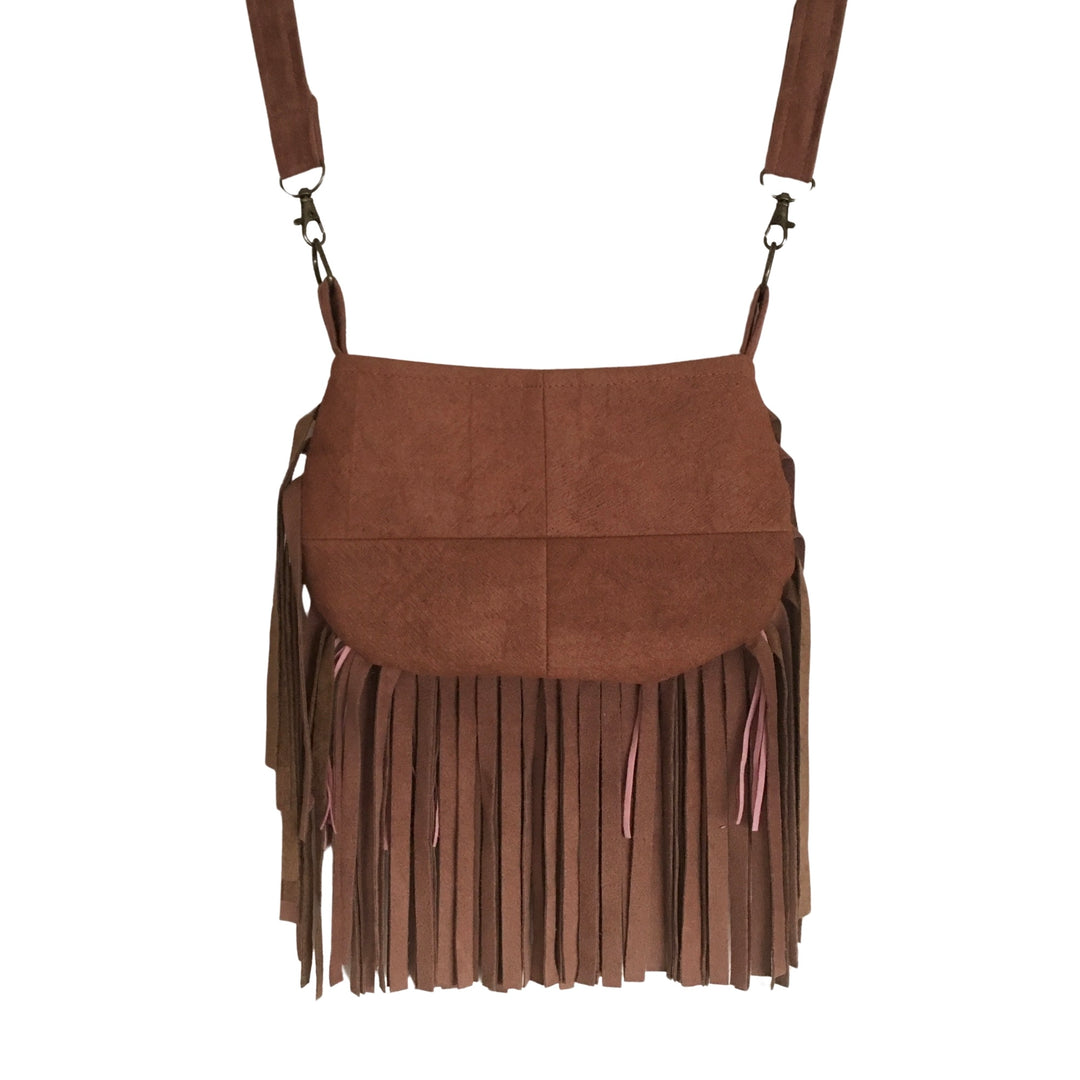 Small Boho Phone Bag with Pink Fringe and Floral Ribbon – Handmade Barkcloth Crossbody