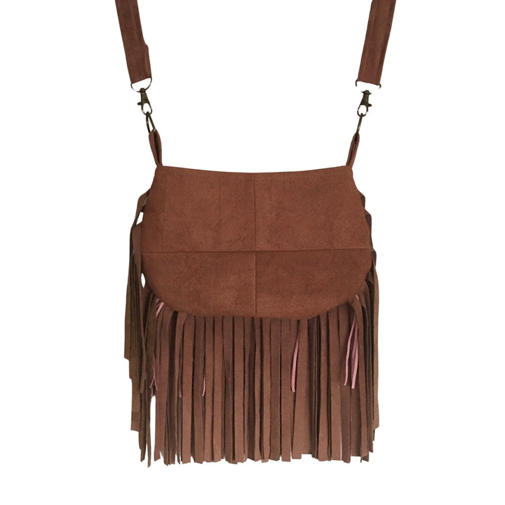 Small Boho Phone Bag with Pink Fringe and Floral Ribbon – Handmade Barkcloth Crossbody