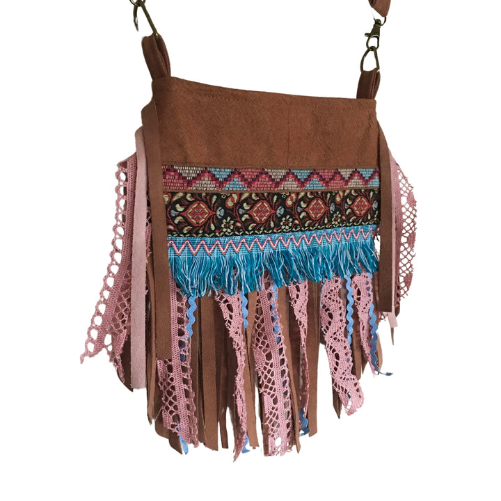 Small Bark Cloth Boho Crossbody Bag with Fringe | Handmade