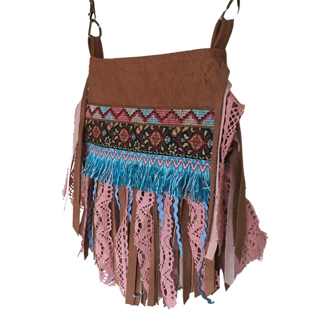 Small Bark Cloth Boho Crossbody Bag with Fringe | Handmade