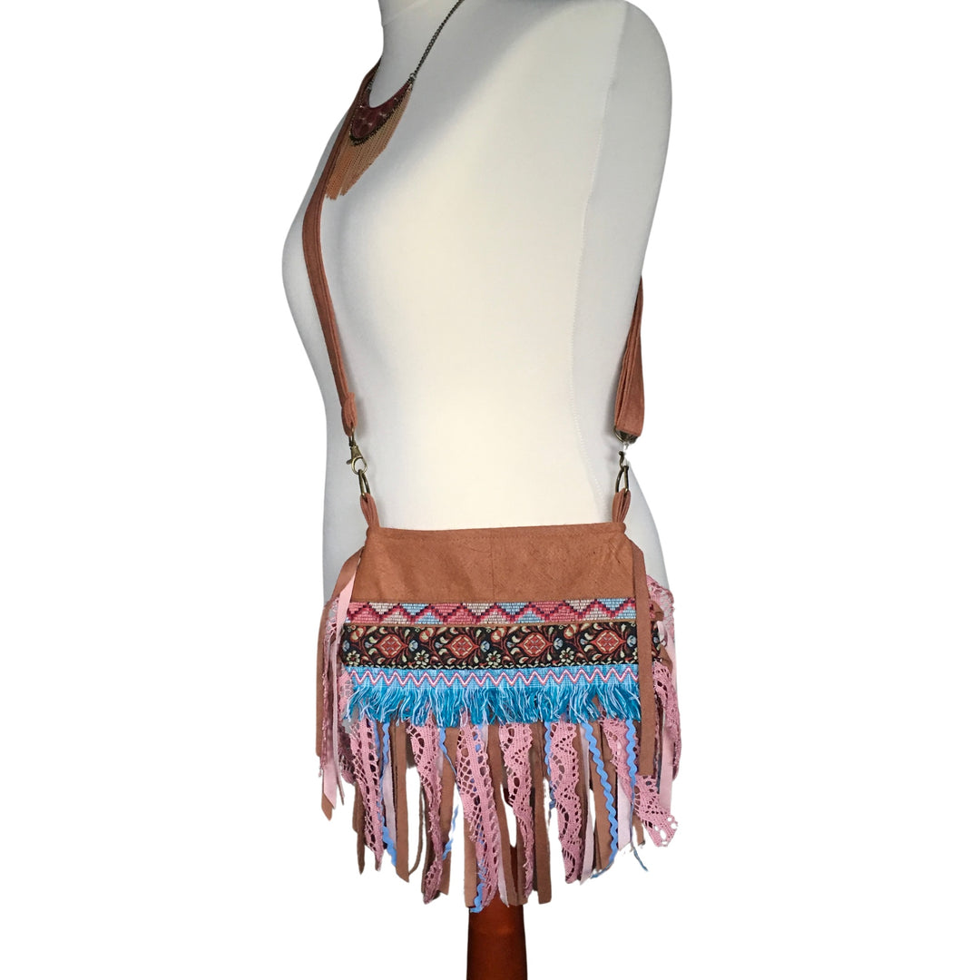 Small Bark Cloth Boho Crossbody Bag with Fringe | Handmade