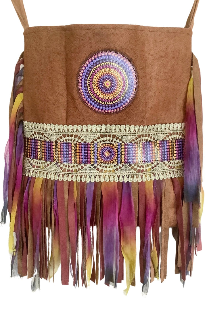 Boho Barkcloth Crossbody Bag with Hand-Painted Mandala and Fringe