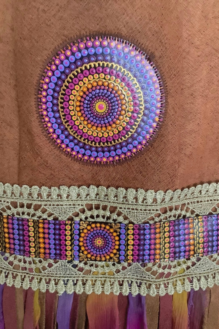 Boho Barkcloth Crossbody Bag with Hand-Painted Mandala and Fringe