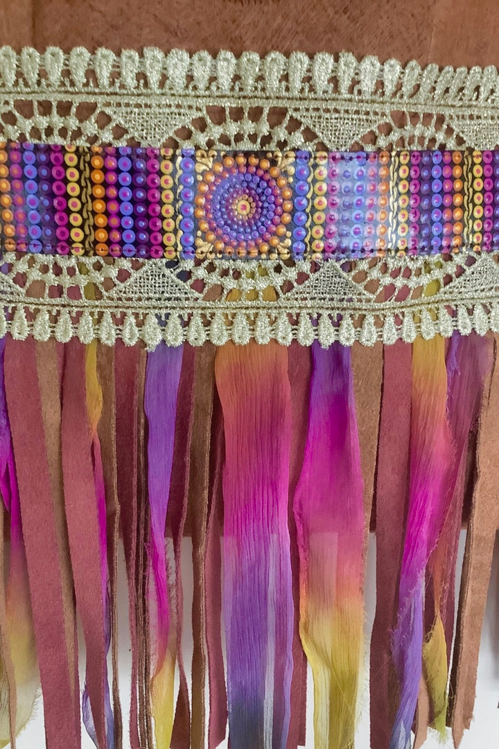 Boho Barkcloth Crossbody Bag with Hand-Painted Mandala and Fringe