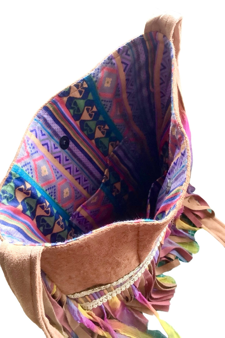 Boho Barkcloth Crossbody Bag with Hand-Painted Mandala and Fringe