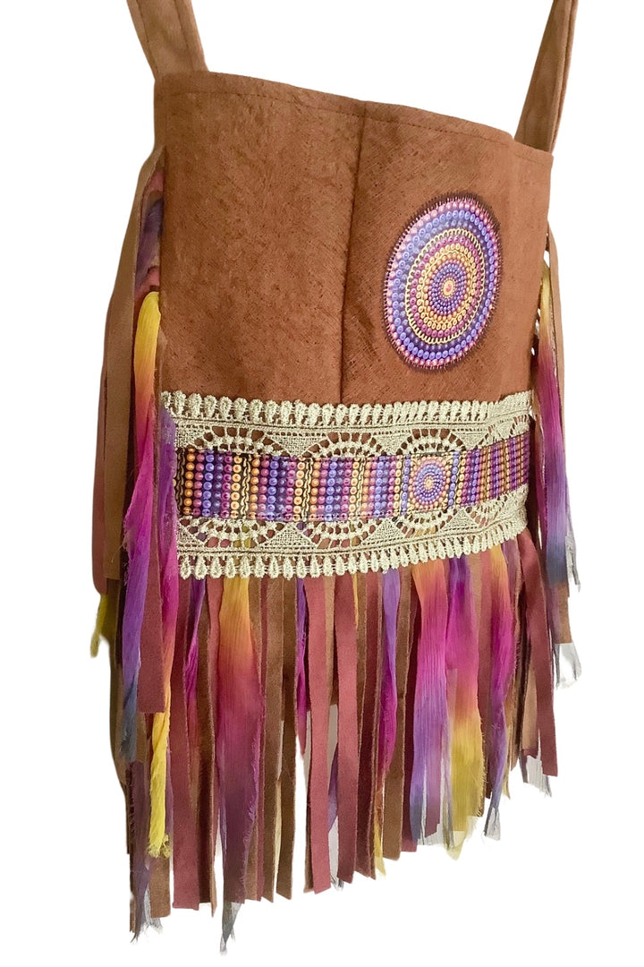 Boho Barkcloth Crossbody Bag with Hand-Painted Mandala and Fringe