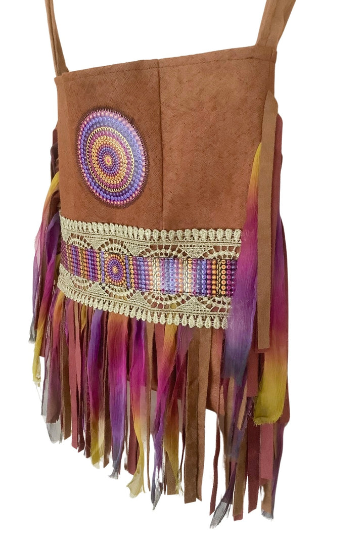 Boho Barkcloth Crossbody Bag with Hand-Painted Mandala and Fringe