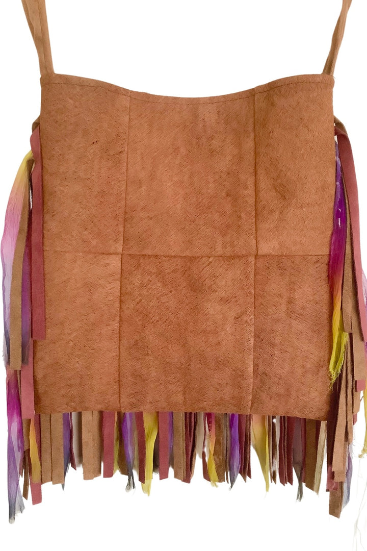 Boho Barkcloth Crossbody Bag with Hand-Painted Mandala and Fringe