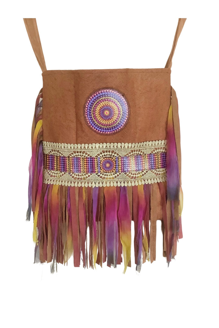 Boho Barkcloth Crossbody Bag with Hand-Painted Mandala and Fringe