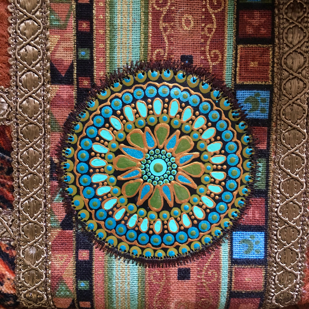 Boho Small Crossbody Bag with Mandala Patchwork – Barkcloth & Velvet Phone Bag