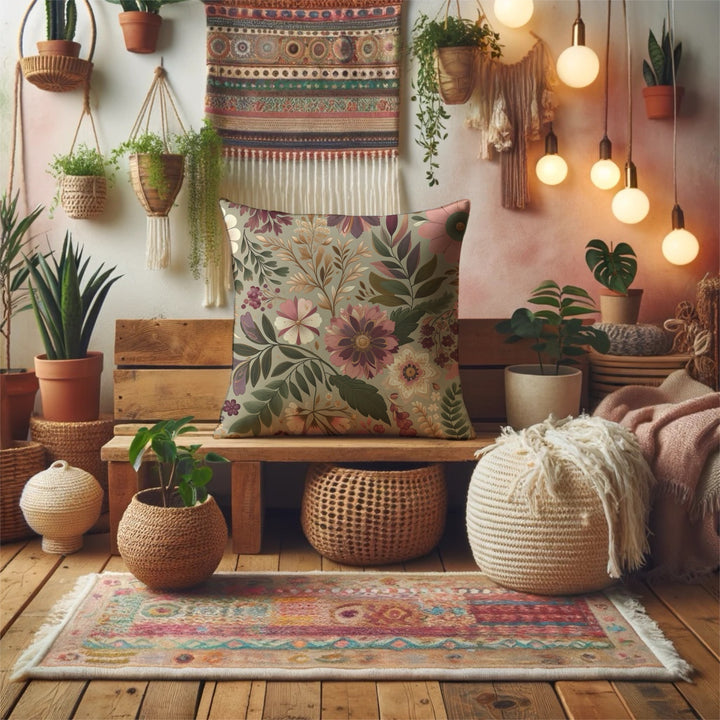 Floral Pillow Cover in Romantic Earth Tones – Botanical Boho Cushion Case