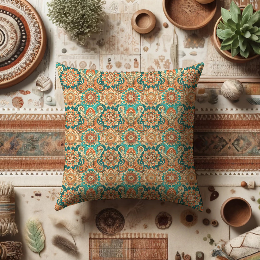 Boho Mandala Pillow Cover in Terracotta and Turquoise – Premium Linen Feel