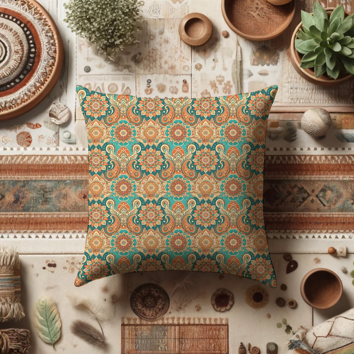 Boho Mandala Pillow Cover in Terracotta and Turquoise – Premium Linen Feel